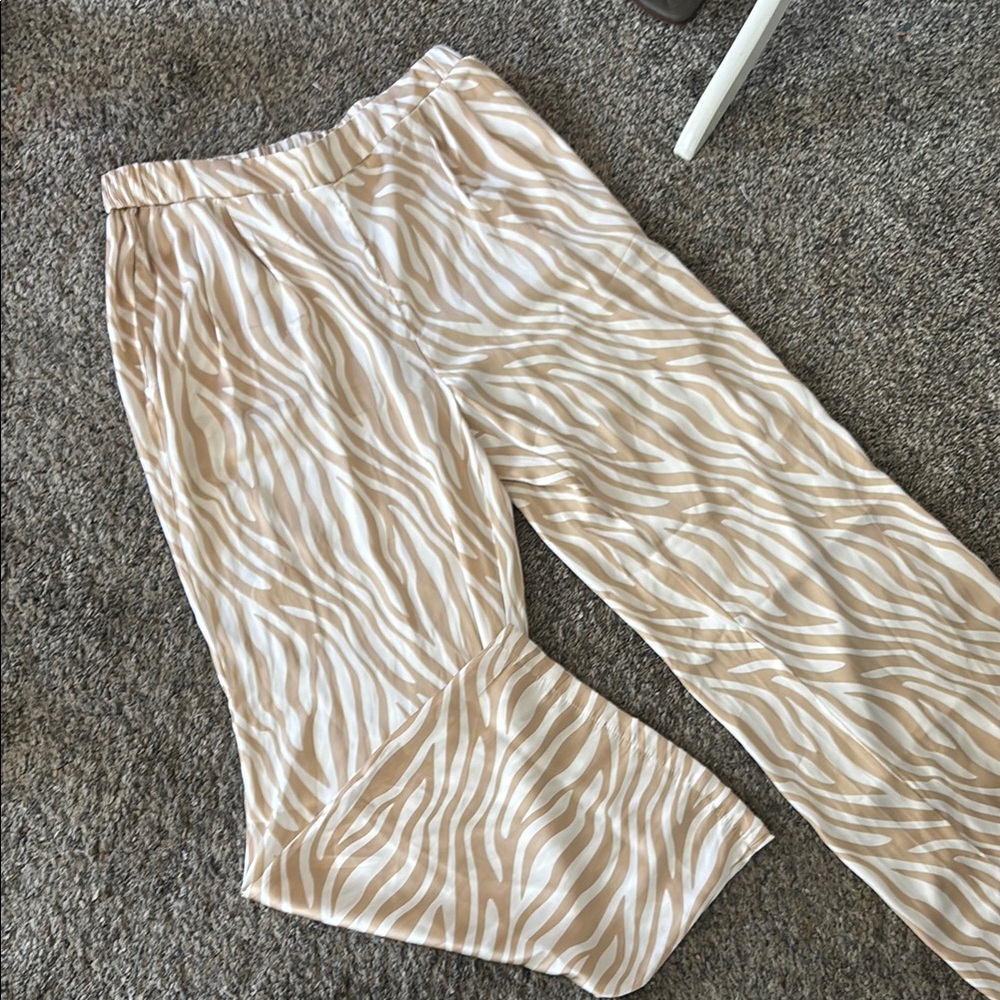 Beige silk Zebra Print wide leg Pants